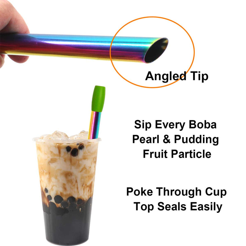 NewNest Australia - Reusable Boba Smoothie Straw Rainbow Metal Straws Wide Thick Fat Angled Tip Sharp End Milkshake Jumbo Bubble Tea Straws With Carry Case Bag Silicone Tips Cleaning Brush 12mm 0.5in 4 Pack 0.5" x 8.5"-Colorful-4 Pcs 
