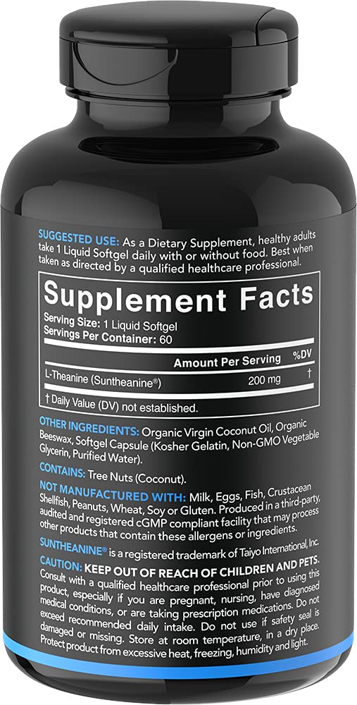 Suntheanine® L-Theanine 200mg (Double-Strength) in Cold-Pressed Organic Coconut Oil; Non-GMO & Gluten Free - 60 Liquid Softgels - NewNest Australia