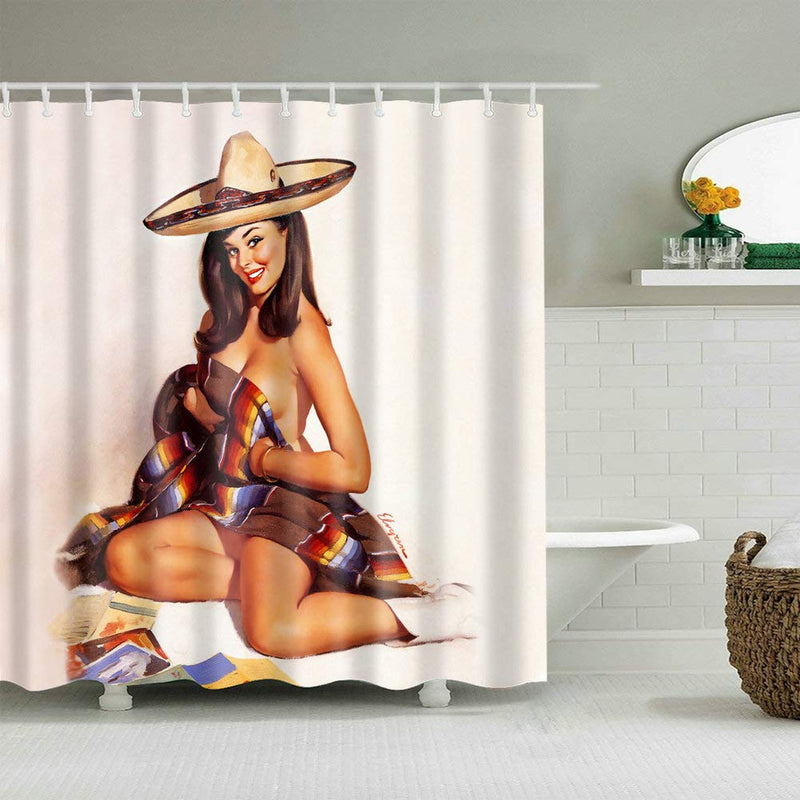 Fangkun Shower Curtain Art Decor Set - Sexy Pin Up Girl Wearing a Hat Painting Style Waterproof Polyester Fabric Bath Curtains - 12pcs Shower Hooks - 72 x 72 inches - NewNest Australia