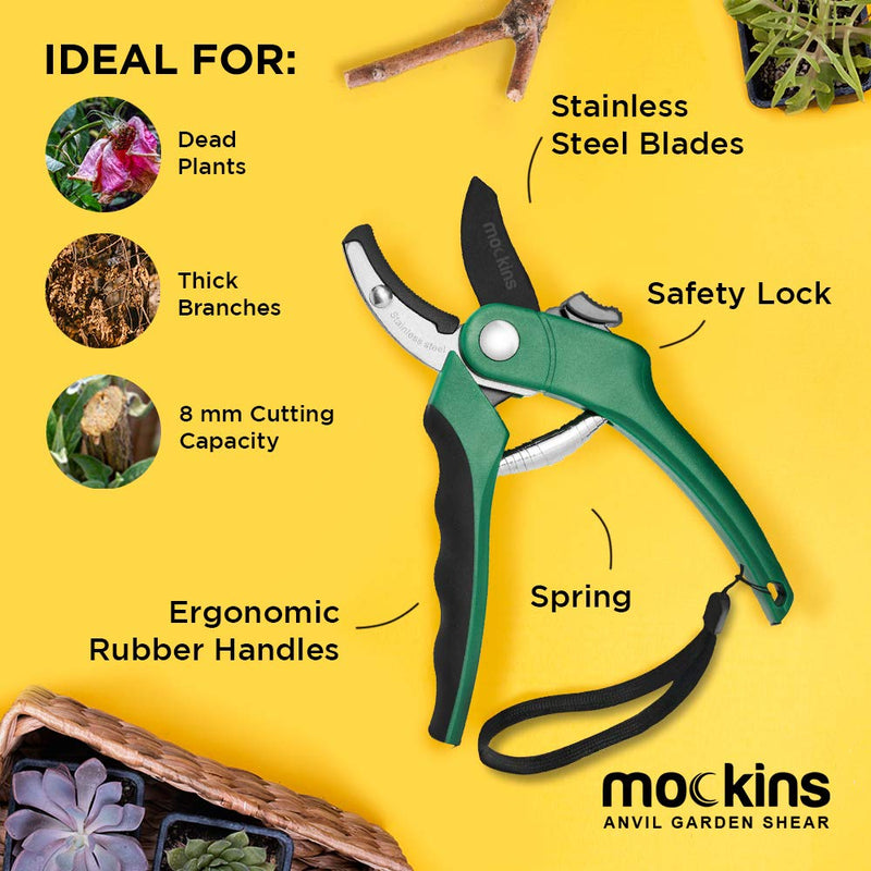 Mockins Professional Heavy Duty Garden Anvil Pruning Shears, Tree Trimmers Secateurs, Hand Pruner, Stainless Steel Blades | 8 mm Cutting Capacity Green - NewNest Australia