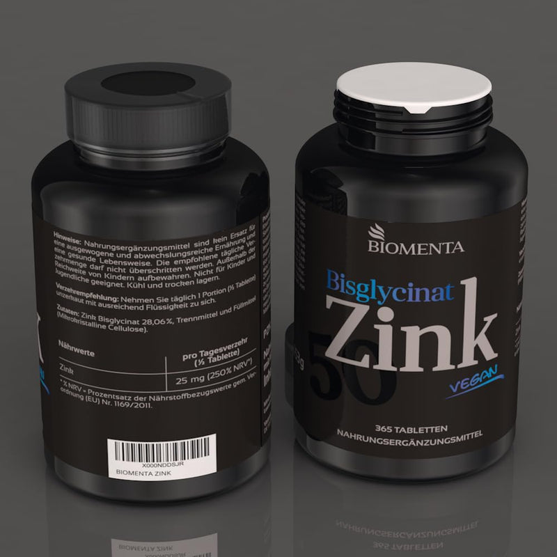 BIOMENTA Zinc 50 - 365 zinc tablets high dosage with 50 mg of pure active ingredient/tablet made from zinc bisglycinate - vegan & divisible - premium quality - NewNest Australia