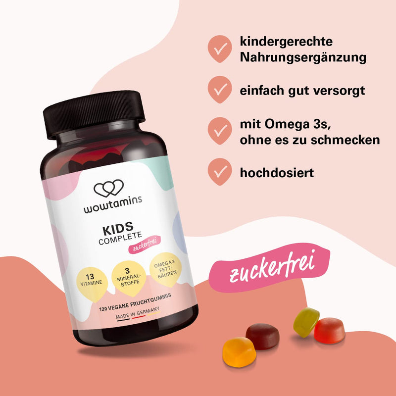 wowtamins KIDS Complete sugar-free, delicious multivitamin as fruit gums with Omega 3s for children (120 pieces) - vitamin C, D3, K2, B12, zinc & more (sugar-free, pack of 1) 120 pieces (pack of 1) - NewNest Australia