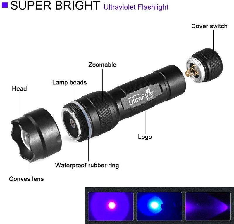 UltraFire UV Flashlight 395-405 nm Led Blacklight with 18650 Battery and Charger for Curing UV Glue, Leak Detector, Pet Urine Stain - NewNest Australia