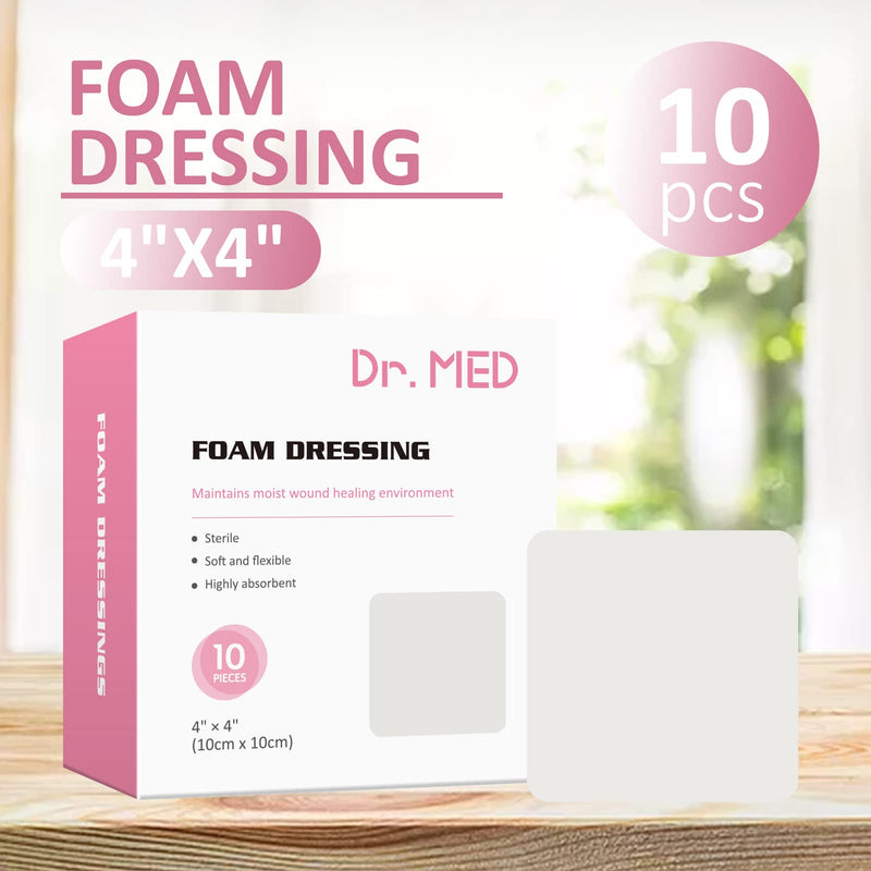 Dr. Med Hydrophilic Foam Dressing Without Border, 4"X4" High Absorption Wound Dressing for Wound Care, Sterile,Non-Adhesive Pads(10 PCS/Box) - NewNest Australia