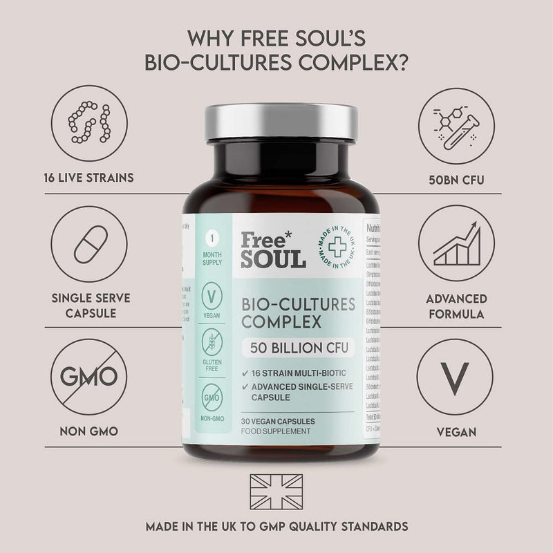 Super Strength 50 Billion CFU Advanced Pro Bio Cultures Complex with 16 Live Strains | Advanced Single Capsule Serving | Multi Strain Formula | Vegan Digestive Enzyme Supplement | UK Made - Free Soul - NewNest Australia