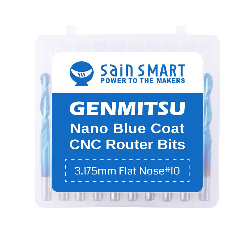 SainSmart Genmitsu 10Pcs Nano Blue Coat Flat Nose End Mill CNC Router Bits, 1/8" Shank Spiral Upcut 2 Flute End Mill Set (3.175 x 17 x 38mm) 3.175mm Set (2-Flute Flat Nose) - NewNest Australia