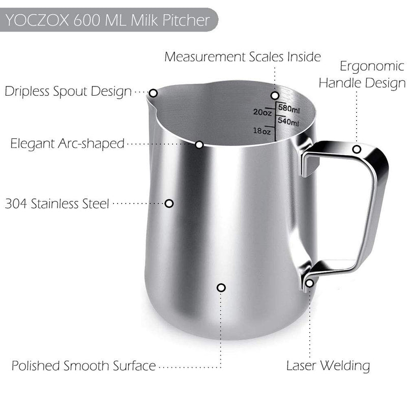 Milk Pitcher Milk Frothing Jug, YOCZOX 600 ml Stainless Steel Jug Cup Barista Milk Jug Cafe Latte Maker with Art Latte Decorating Art Pen for Barista Cappuccino Espresso Machine Coffee - 21 oz 600ml - NewNest Australia