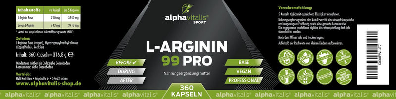 High-dose vegan L-arginine capsules - 360 capsules - vegetable arginine base with 99% active ingredient, dosed like L-arginine 4500 HCL! Best quality from Germany - NewNest Australia