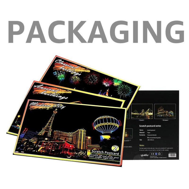 Magic Scratch Art Paper(7.9"x5.5") Rainbow Landscape Engraving Art Mini Scratchboard DIY Pads for Adults and Kids, Crafts Set: 12 Sheets Scratch Postcard Cards & Drawing Pens, Brush (Building Series) Building Series - NewNest Australia