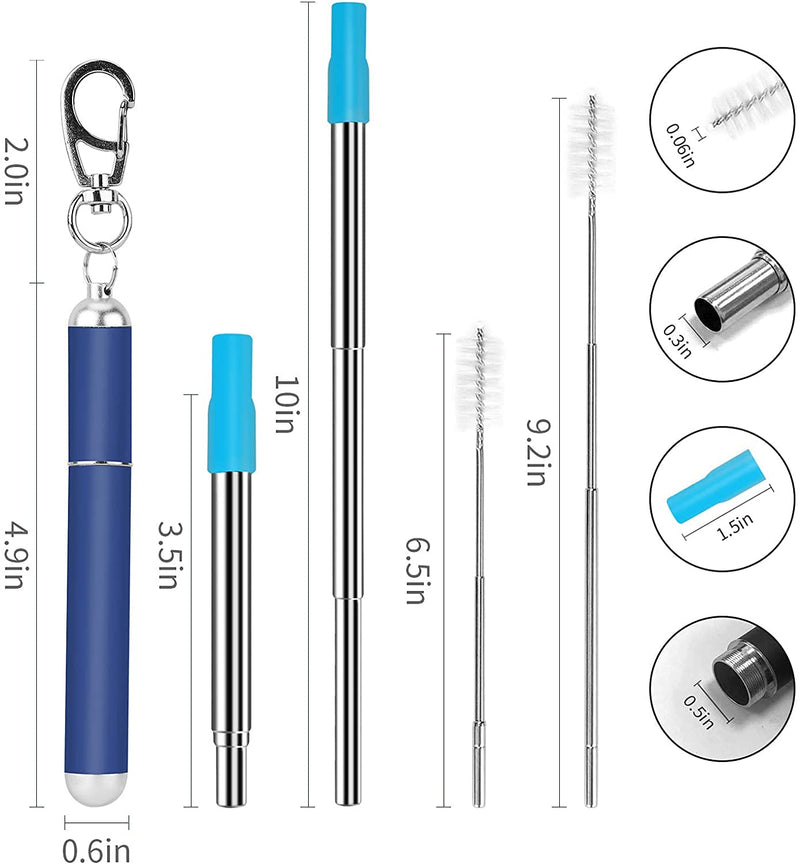 2 Pcs Portable Metal Straws, 3-Section Adjustable Telescopic Straw with Silicone Tips Cover, Aluminum Keychain Case and Telescopic Cleaning Brush, Unique Design for Home Travel(Black & Blue) Black & Blue - NewNest Australia
