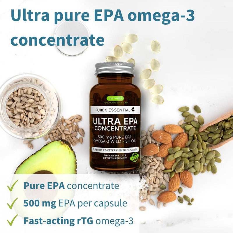 Pure & Essential Ultra Pure EPA Omega-3 Concentrate 500 mg, Wild Fish Oil, rTG, 90 Small Softgels 90 Count (Pack of 1) - NewNest Australia