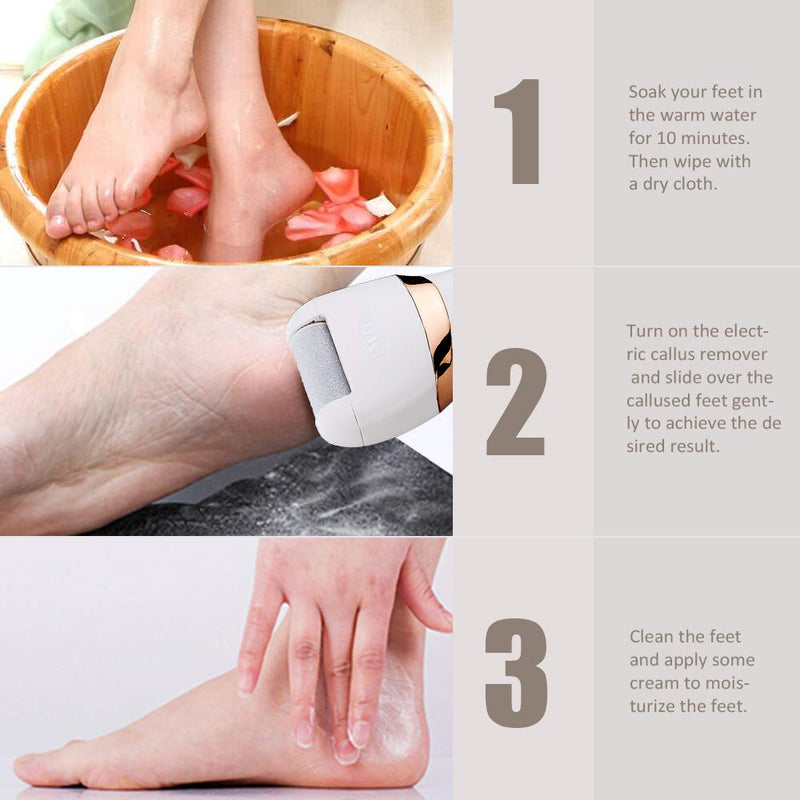 Electric Callus Remover, Rechargeable Foot File Hard Skin Remover Pedicure Tools for Feet Electronic Callus Shaver Waterproof Pedicure kit for Cracked Heels and Dead Skin with 3 Roller Heads White & Chrome Golden - NewNest Australia