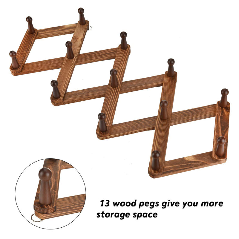 NewNest Australia - Homode Vintage Wood Expandable Peg Rack- Multi-Purpose Accordion Wall Hangers with 13 Hooks for Hats, Coat, Mugs, Scarf, Jewelry Storage Vintage Brown 