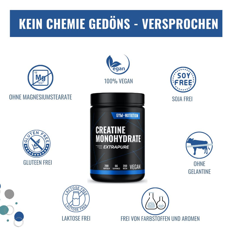 CREATINE (CREATINE) CAPSULES Caps - 200 Creatine GIGA CAPS high dosage I 100% Pure Creatine Monohydrate - Mesh 200- Vegan Bottled in Germany - NewNest Australia