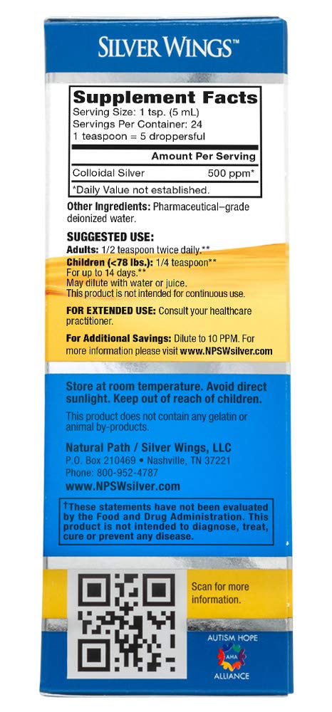 Natural Path Silver Wings Dietary Mineral Supplement, Colloidal Silver, 500 PPM, 4 fl. oz. / 120 ml - NewNest Australia