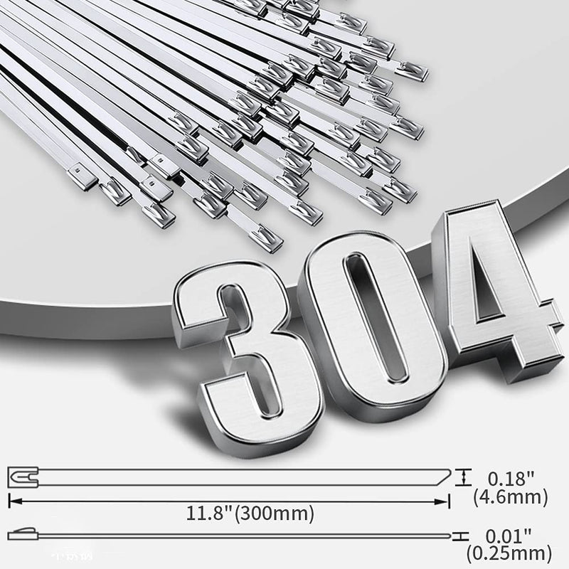 Metal Zip Ties 11.8 inch 100pcs 304Stainless steel Heavy duty Multi-purpose Self-locking Cable Ties Suitable for in machinery, vehicles, farms, pipes, roofs,cables, as well as Outdoor binding - NewNest Australia