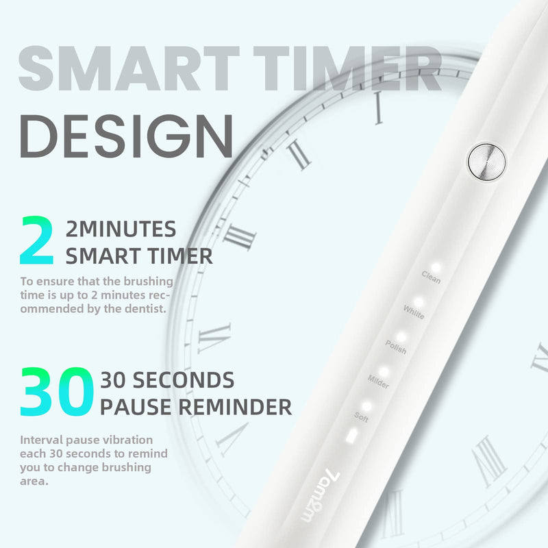 7AM2M Sonic Electric Toothbrush for Adults and Kids, One Charge for 90 Days, with 6 Brush Heads, 5 Modes with 2 Minutes Build in Smart Timer, Roman Column Handle Design (White) White - NewNest Australia