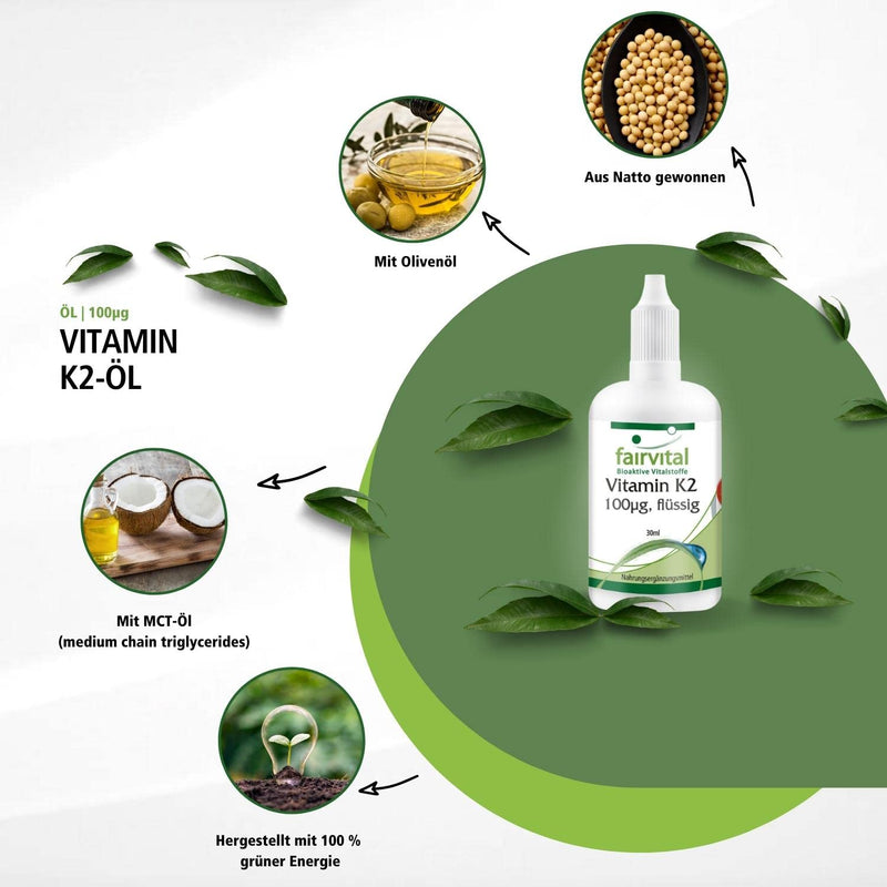 Fairvital | Vitamin K2 MK-7 drops 100µg - All-Trans content at least 99.5% - Natural and fermented from Natto - 30ml - NewNest Australia