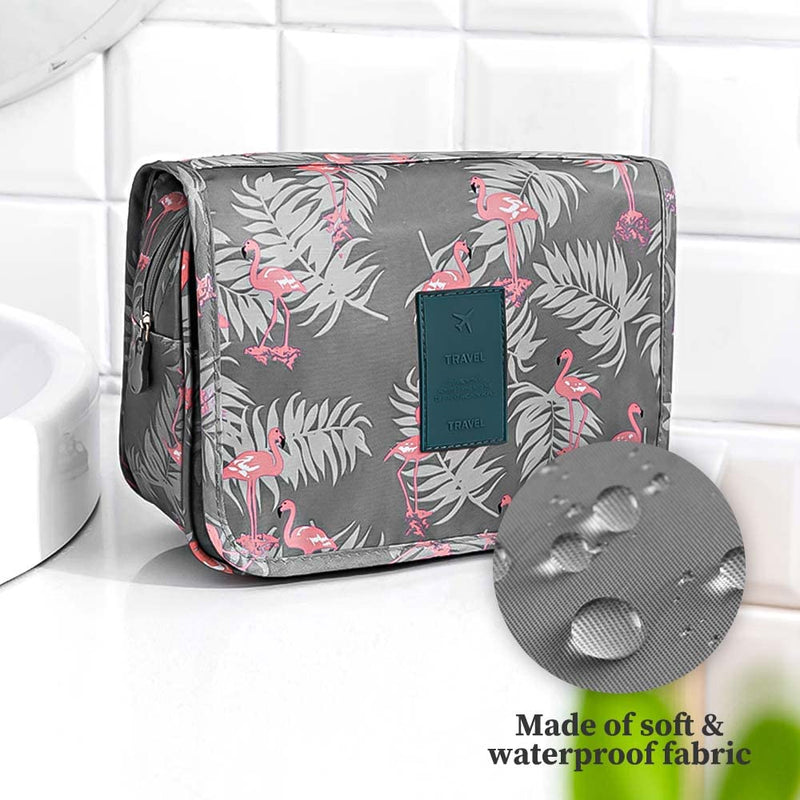 Hanging Toiletry Bag - Travel Portable Wash Bag Makeup Cosmetic Organizer for Women & Girls Waterproof Bathroom Shower Bag for Business Trip, Gym, Vacation & Household (Gray Flamingo) Grey - NewNest Australia