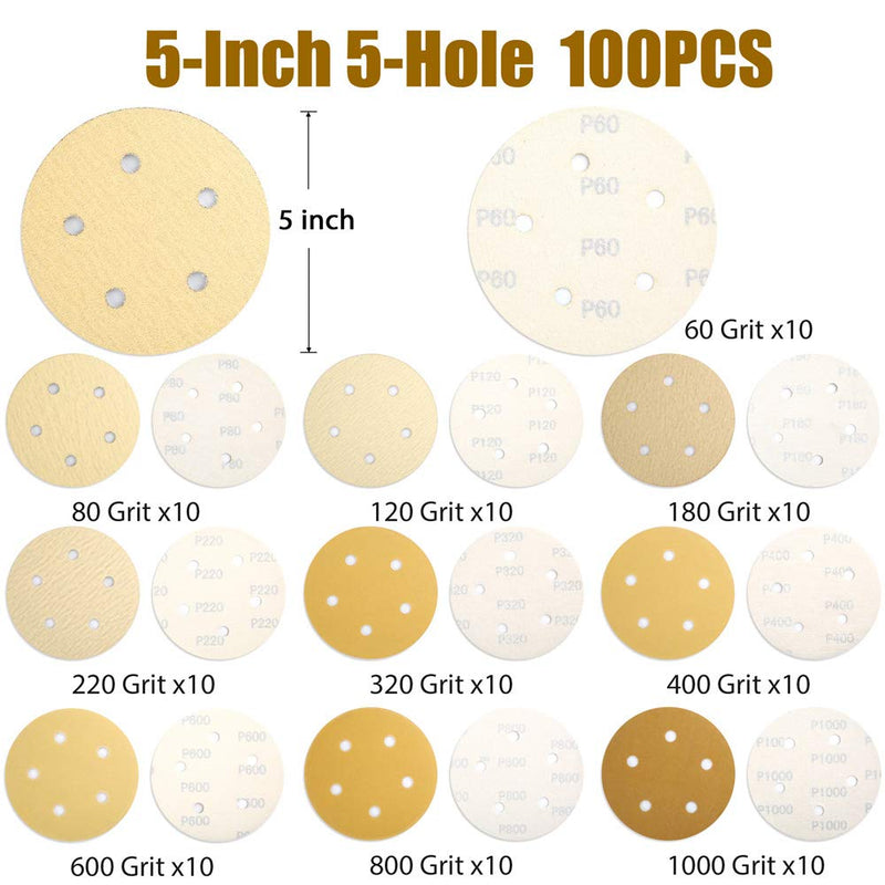 LotFancy 5 Inch 5 Holes Sanding Discs - 100PCS 60 80 120 180 220 320 400 600 800 1000 Grit Assorted Sandpaper, Random Orbital Sander Sandpaper, Hook and Loop Round Sand Paper 60-1000 Grit - NewNest Australia