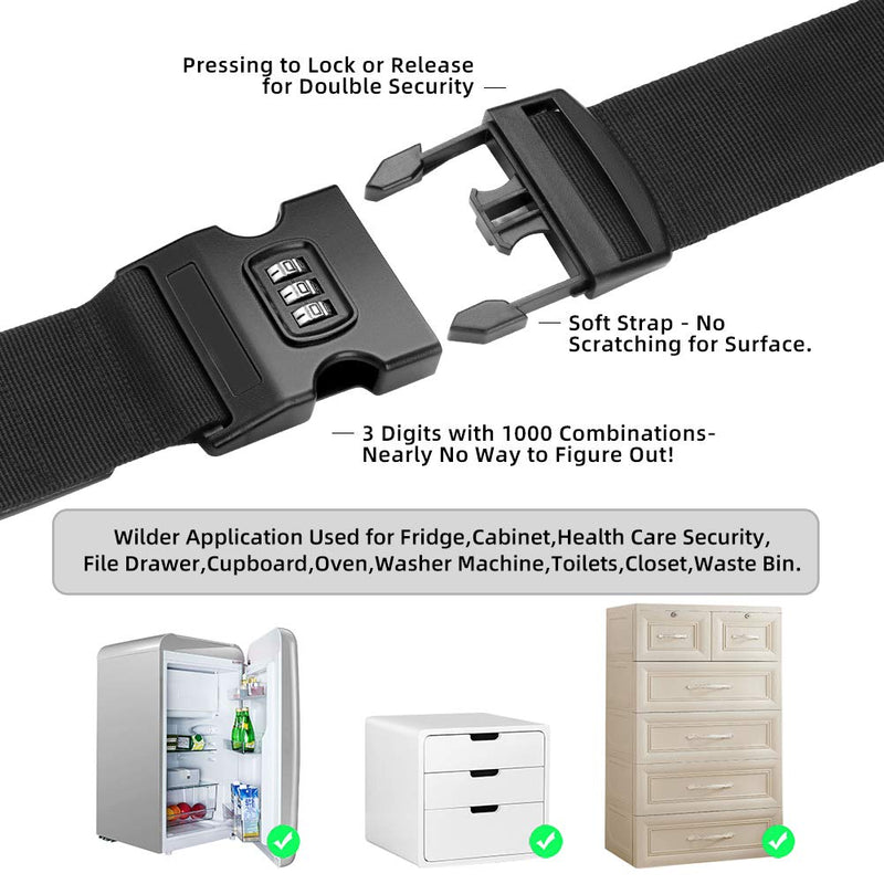 Child Baby Safety Strap Lock Latch for Fridge Refrigerator Freezer Cabinet Drawer RV Oven, (2 Packs) 1000 Combination Reusable Toddler Kids Proof Door Safe Locks Easy to Install No Damage (Black) Black - NewNest Australia