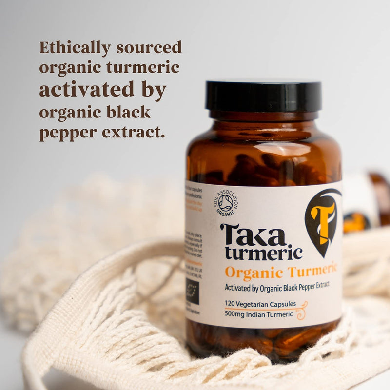 Taka Turmeric Organic Turmeric with Black Pepper Extract - 120 Vegan Capsules, 500mg Pure Indian Turmeric Powder with Natural Curcumin Content, Enhanced Absorption from Piperine, Independently Tested - NewNest Australia