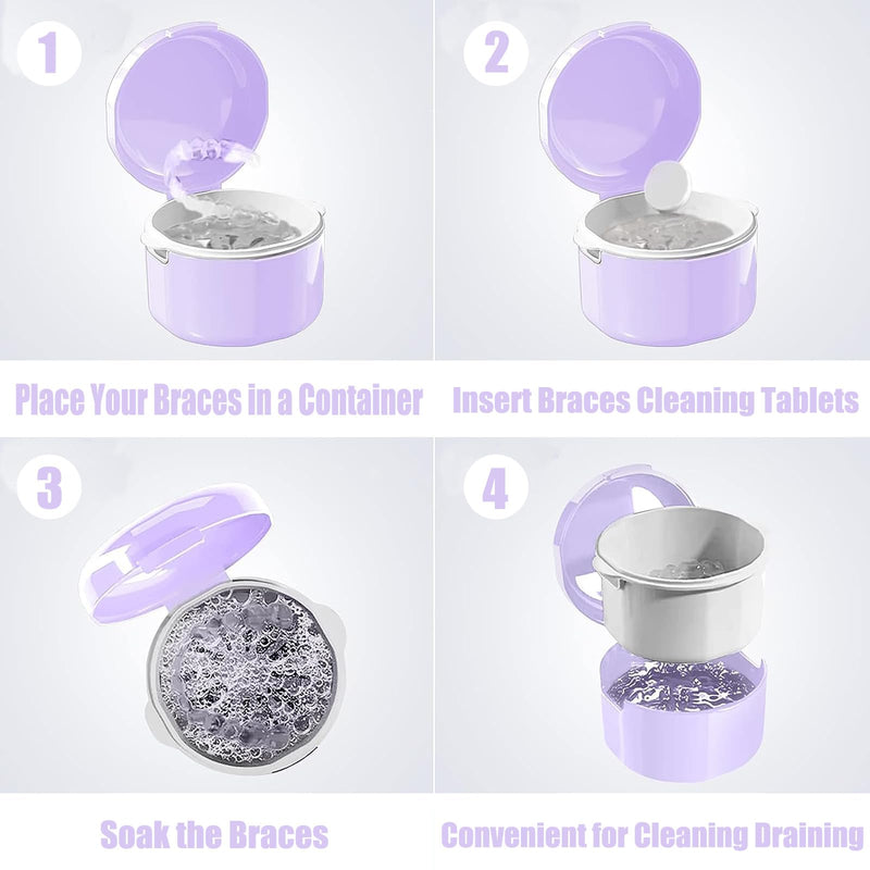 Denture Brush Set, Denture Container, Denture Bath Box, Denture Box With Mirror, With 2 X Aligner Removal Tools For Braces Or Dentures, Cleaning And Storing For Travel, Purple - NewNest Australia