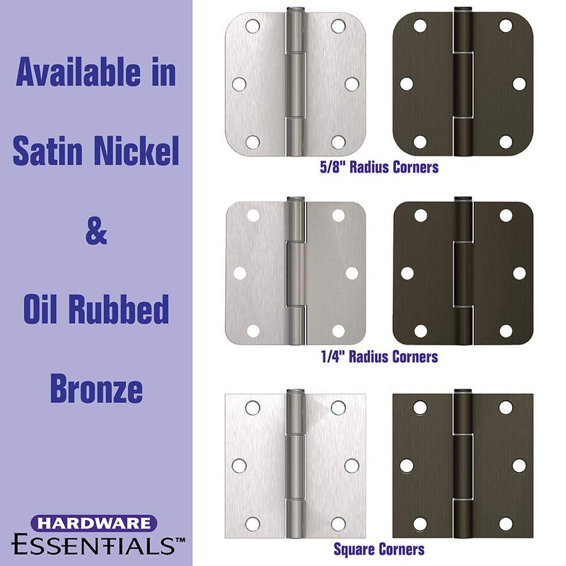 Hardware Essentials 854323 Smooth Corner Squeak-Proof Door Hinges, 3-1/2 inch, 3-1/2", Satin Nickel, 3 Pieces - NewNest Australia