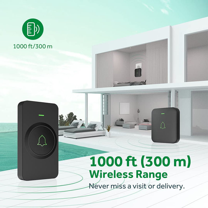 Wireless Door Bell, AVANTEK Mini Waterproof Doorbell Chime Operating at 1000 Feet with 52 Melodies, 5 Volume Levels & LED Flash Black - NewNest Australia