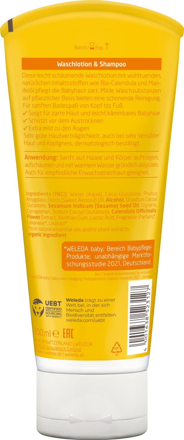 Weleda Organic Calendula Baby Wash Lotion & Shampoo - Vegan Natural Cosmetic Shower Gel For Skin Care/Hair Care For Newborns. Baby Care Shower For Sensitive Skin, Gentle On The Eyes (1X 200Ml) Single - NewNest Australia