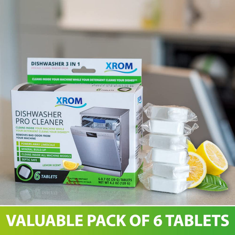 XROM High Efficiency Natural Dishwasher Cleaner 3 in 1 Formula, Removes Odors, Limescale & Detergent Build-Up, Contains 100% More Grease Removal Actives, Removes Hard Water Stains, Powerful Descaling, 6 Ct (Lemon Scent) Lemon - NewNest Australia