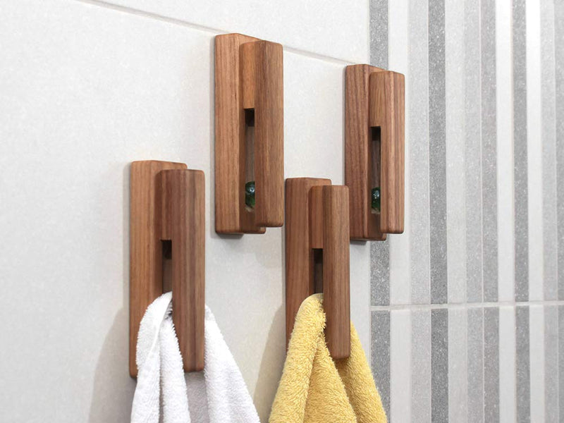 NewNest Australia - Wood Towel Hooks -Set of 2 Self Adhesive Vintage Towel Holder Wooden Wall Mounted Towel Racks for Bathroom and Kitchen Home Decor- Quick Drying, Reduce Bacterial Growth, Firmly Holds Towel(Walnut) Walnut 