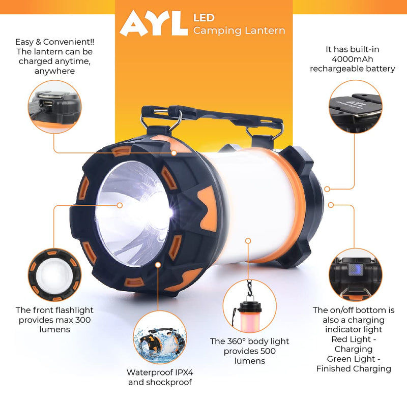 AYL LED Camping Lantern Rechargeable, Super Bright Lantern Flashlight and 360 Degree Illumination, Power Bank, IPX4 Waterproof for Hurricane Emergency Survival, Power Outages, Hiking, Home, Tent Light 1000 Lumens 1 - NewNest Australia