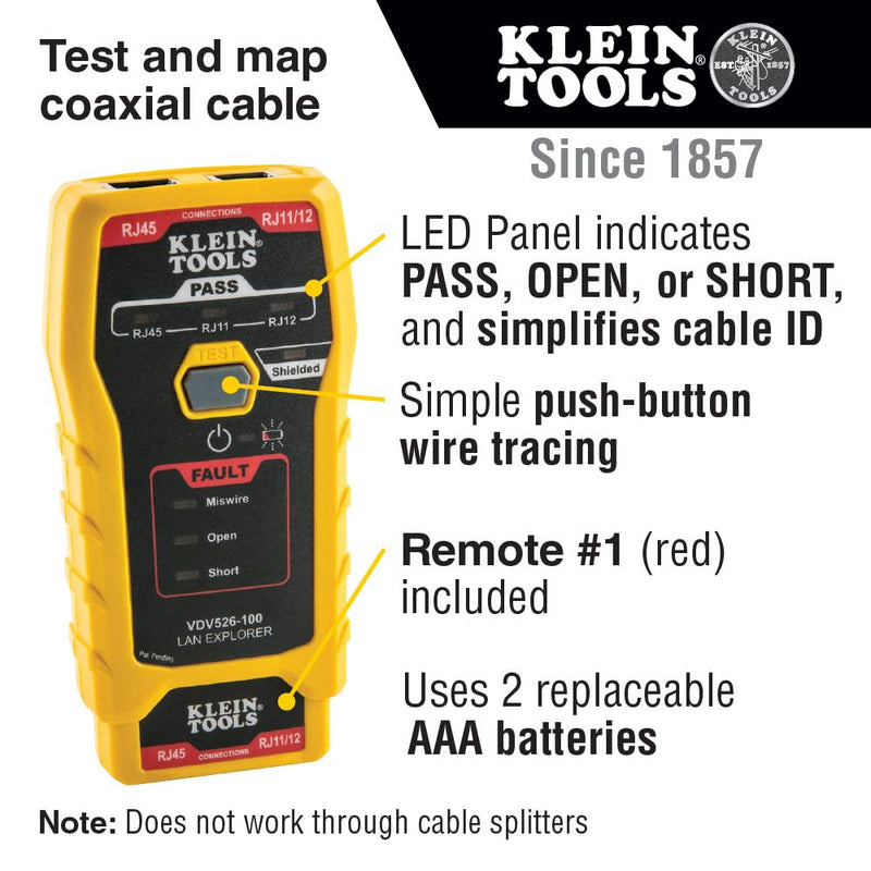 Klein Tools VDV512-100 Cable Tester, Coax Explorer 2 VDV Tester, Push Button Operation For Wire Tracing, Testing and Mapping Coaxial Cable Coax Explorer 2 Tester - NewNest Australia