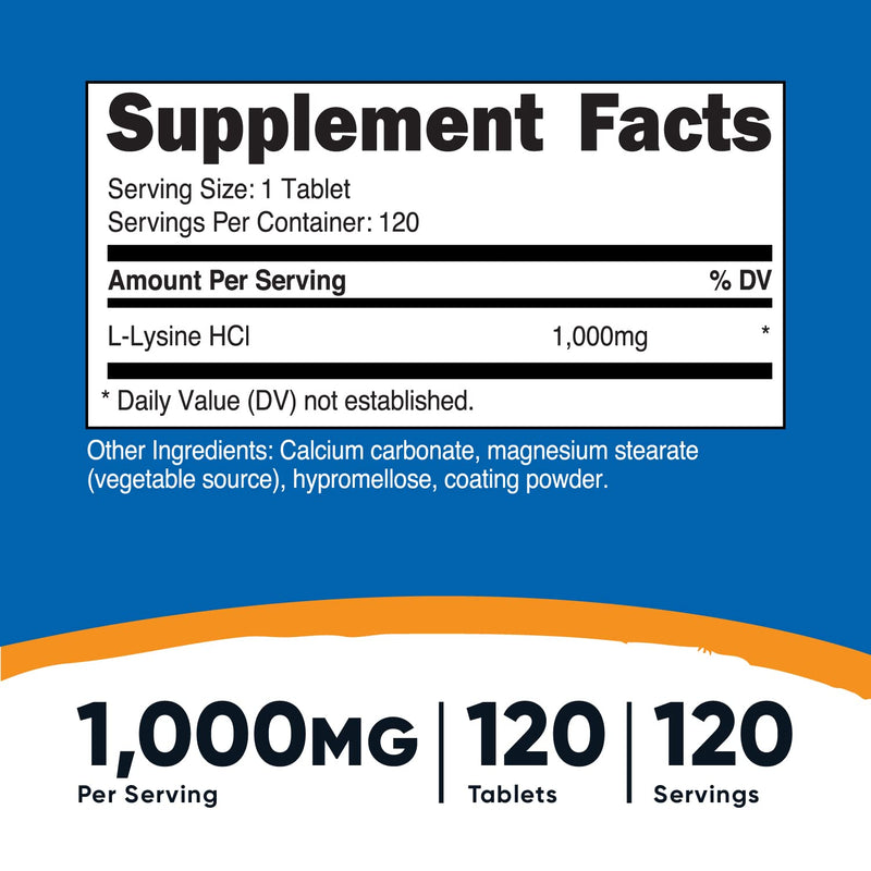 Nutricost L-Lysine 1000mg, 120 Tablets - Gluten Free, Non-GMO, and Vegetarian Friendly - NewNest Australia