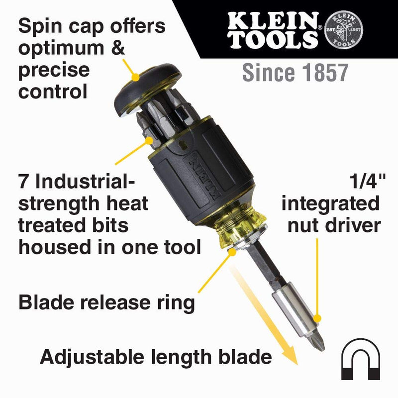 Klein Tools 32308 Multi-bit Stubby Screwdriver, Impact Rated 8-in-1 Adjustable Magnetic Tool with Phillips, Slotted, Square and Nut Driver - NewNest Australia