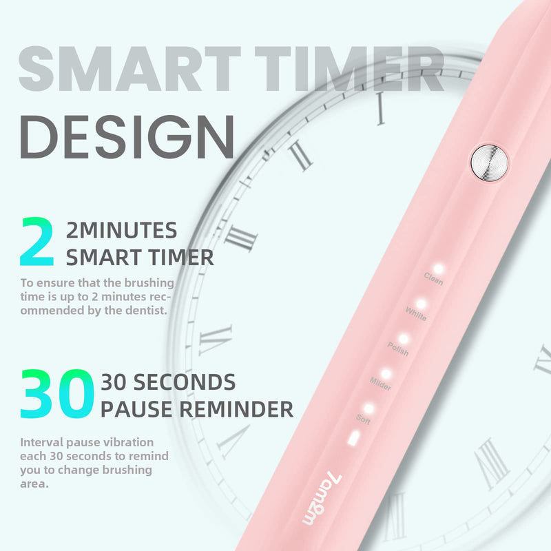 7AM2M Sonic Electric Toothbrush for Adults and Kids, One Charge for 90 Days, with 6 Brush Heads, 5 Modes with 2 Minutes Build in Smart Timer, Roman Column Handle Design (Pink) Pink - NewNest Australia