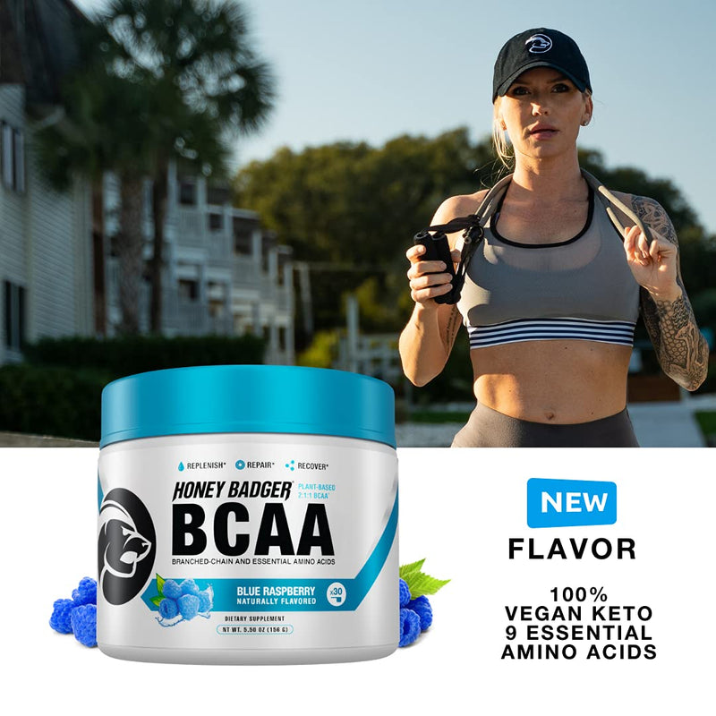 Honey Badger BCAA Amino Acids Powder | Vegan Keto Blue Raspberry BCAAs + EAA for Men & Women | Electrolytes for Hydration & Post-Workout Recovery | Sugar Free & Paleo | 30 Servings - NewNest Australia