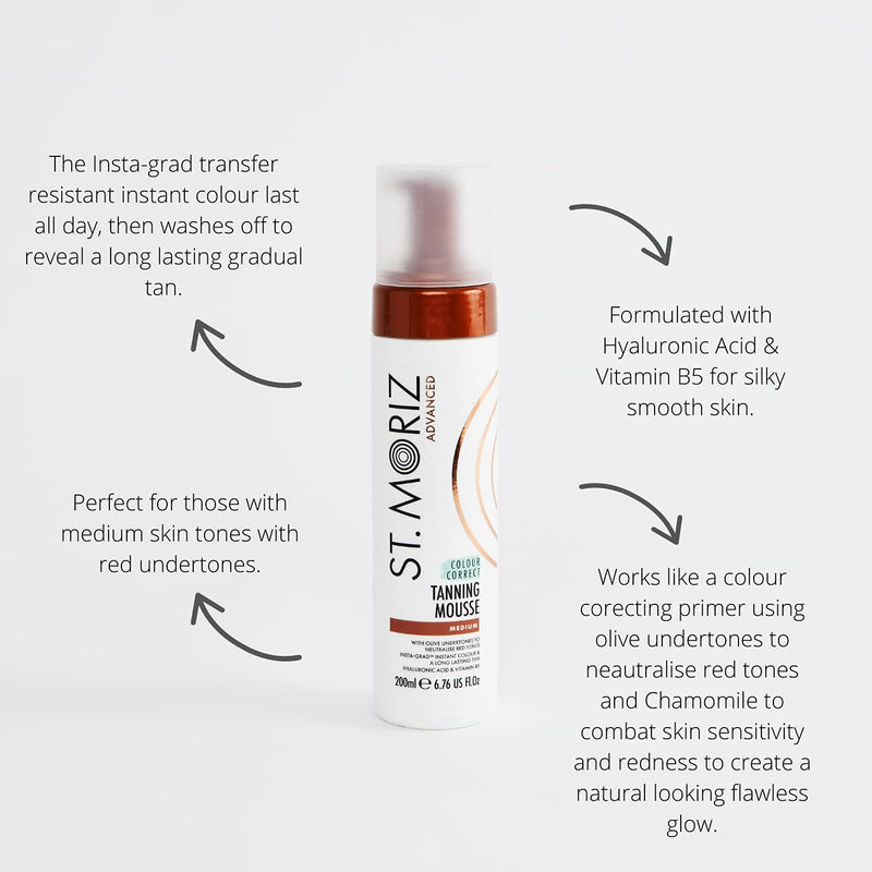 ST. MORIZ Advanced Colour Correcting Tanning Mousse with Hyaluronic Acid & Vitamin B5, Fast Drying Vegan Fake Tan, Medium, 200 ml - NewNest Australia