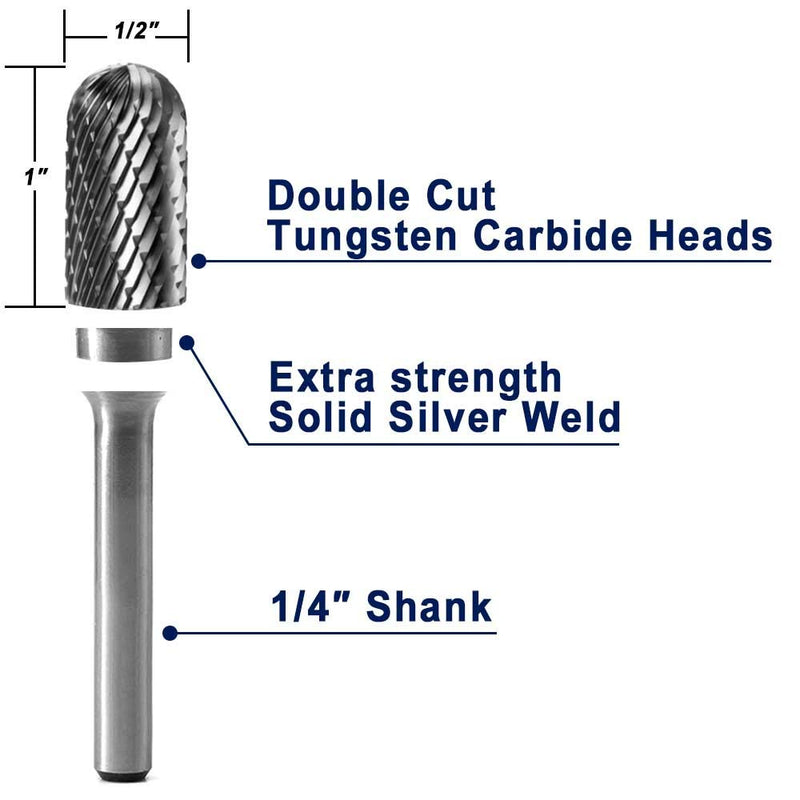 YUFUTOL SC-5 Tungsten Carbide Burr Cylinder Shape with Radius End Double Cut Rotary Burr File(1/2" Cutter Dia X 1"Cutter Length) with 1/4'' shank, 1pcs - NewNest Australia