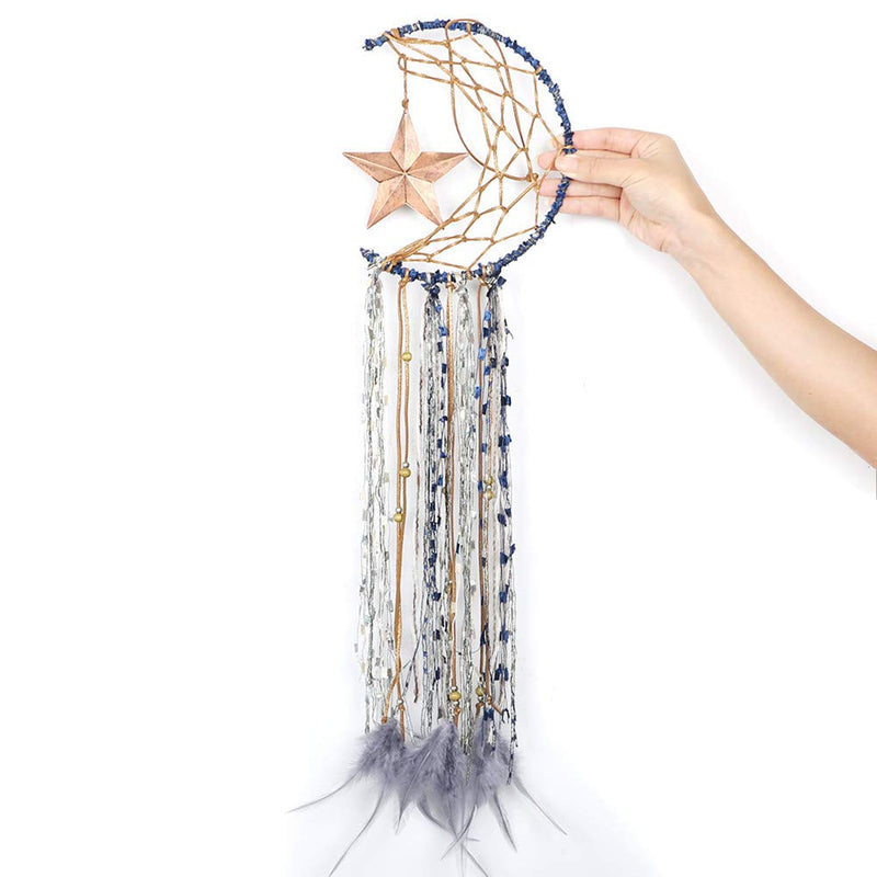 NewNest Australia - Dremisland Blue Dream Catcher Handmade Half Circle Moon Design Dream Catcher Feather Hanging with Star Home Decoration Ornament Festival Gift (Moon& Star) 