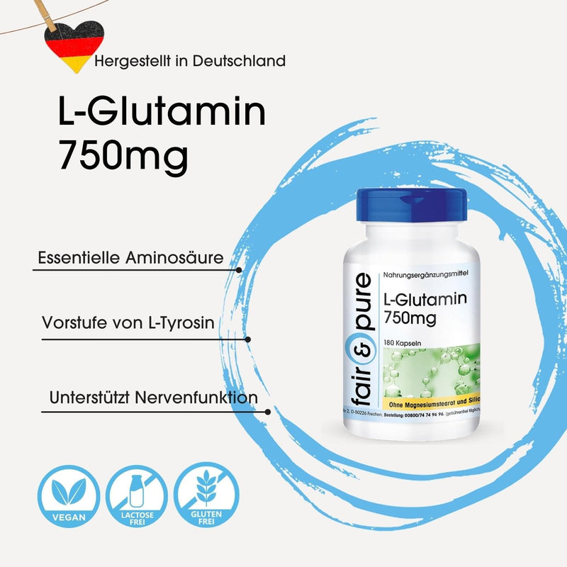 Fair & Pure® - L-Glutamine capsules 750mg - amino acid in free form - vegan - 180 capsules - NewNest Australia