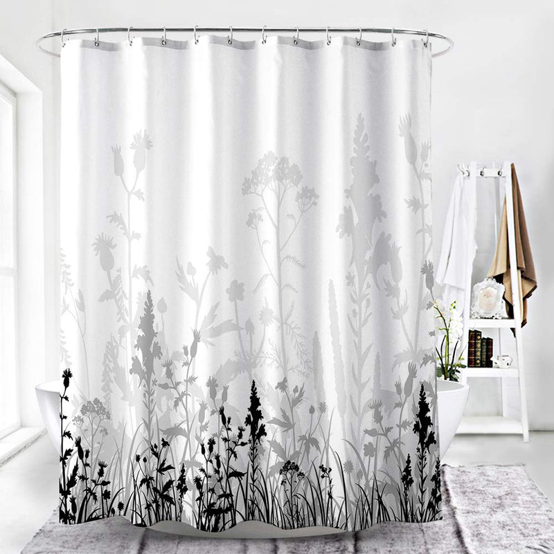 Grey Flowers Shower Curtain Black Grey Leaves Shadow Abstract Nature White Background Waterproof Fabric Bathroom Decor Bath Curtain with Hooks 72x72 inch - NewNest Australia