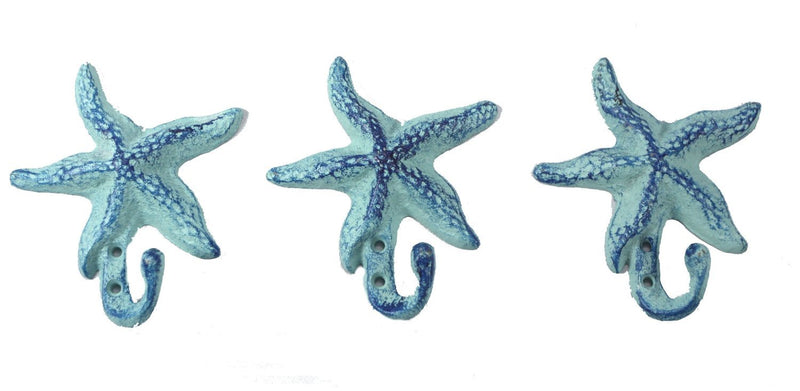 NewNest Australia - Starfish Cast Iron Wall Hooks Antique Blue - Set of 3 for Coats, Aprons, Hats, Towels, Pot Holders, More 