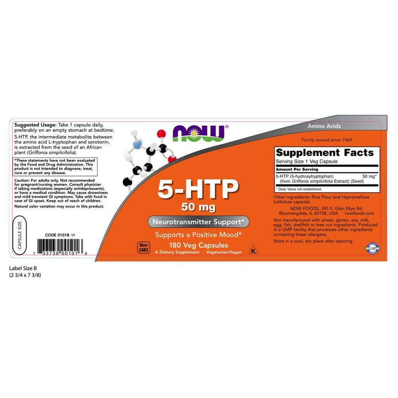 NOW Supplements, 5-HTP (5-hydroxytryptophan) 50 mg, Neurotransmitter Support*, 180 Veg Capsules - NewNest Australia