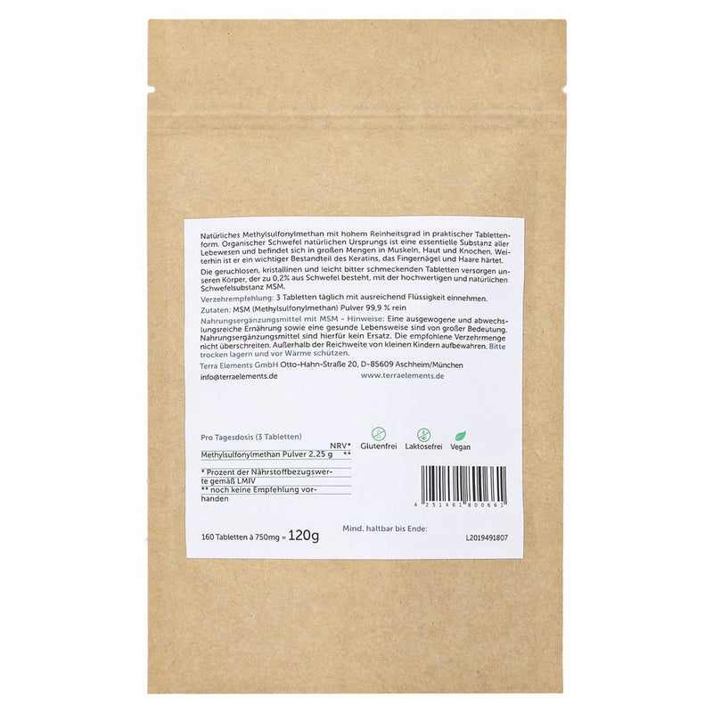 Terra Elements MSM tablets (750 mg, 160 pcs) I organic sulfur I vegan - NewNest Australia