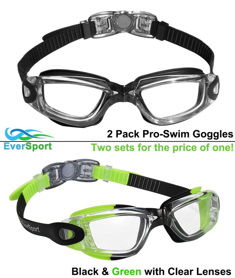 EverSport Swim Goggles Pack of 2 Swimming Goggles Anti Fog for Adult Men Women Youth Kids Pistachio Green/Black & Black - NewNest Australia