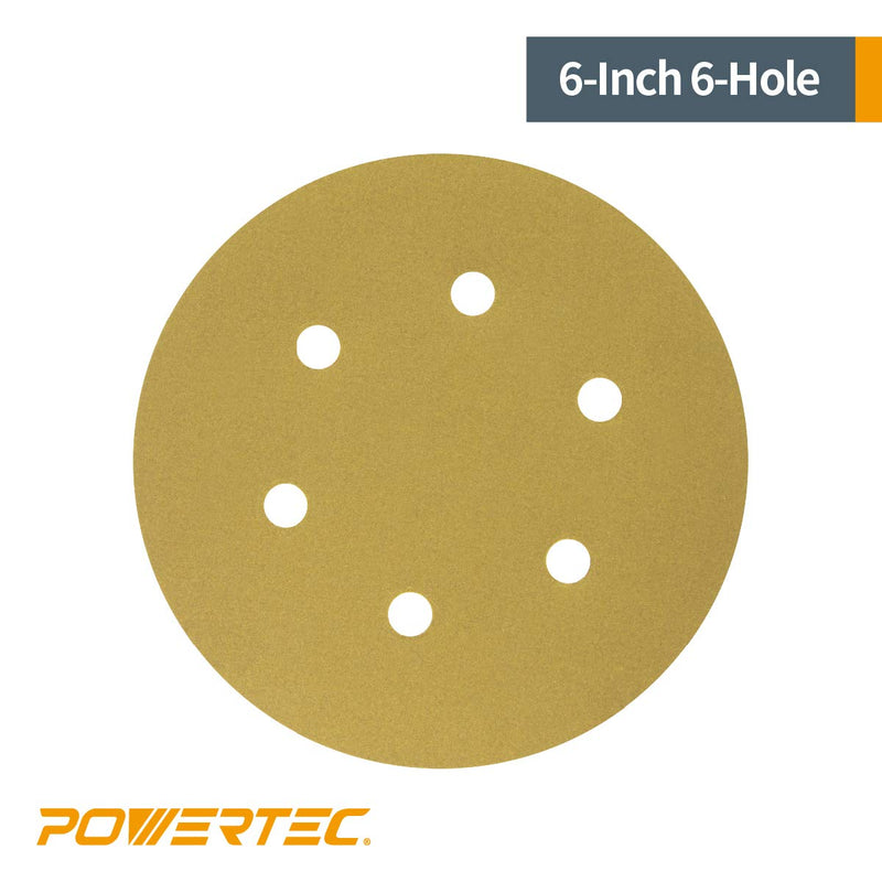 POWERTEC 45200XG-50 Assorted Grit Sanding Discs Hook and Loop Orbital Sander 6-Inch 6 Hole | 10 Each of 80, 100, 120, 150, 220 Grit Aluminum Oxide Round Sand Paper, Gold, 50 Pack 6" X 6 Holes - NewNest Australia