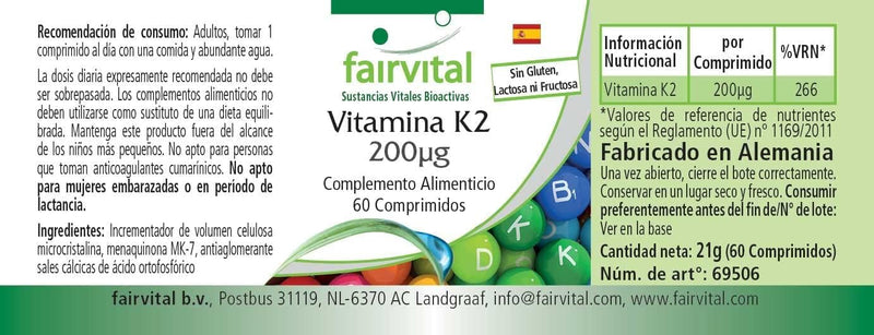 Fairvital | Vitamin K2 MK-7 200µg - HIGH DOSE - Menaquinone MK-7 - natural & fermented from natto - VEGAN - 60 tablets - NewNest Australia