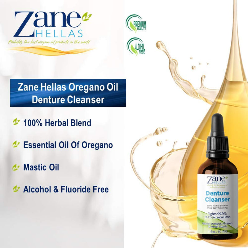 Zane Hellas Denture Cleaner. Oregano Oil Power. Ideal for Dentures, Retainers, Braces, Mouth Guards. Helps Remove Plaque, Tartar, Stains and Bad Odor. 100% Herbal Solution. 1 fl.oz.-30ml. - NewNest Australia